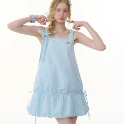 2025 Summer American Style Tie-Waist Dress - Petite Fit Blue-Green Bloom Hem Camisole Dress