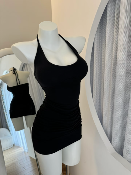 French-Style Built-In Bra Choker Neck Dress - 2024 Summer Slim-Fit Bodycon Midi